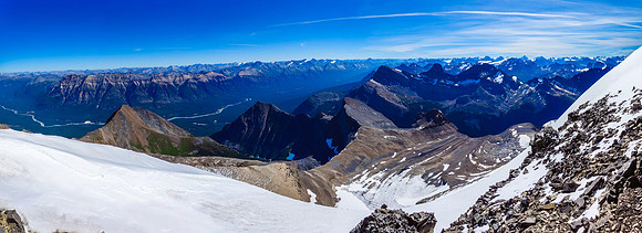 Looking southeast over Kerkeslin (L). Many familiar peaks around the Columbia Icefields to the right, including Alberta, Woolley and Diadem.