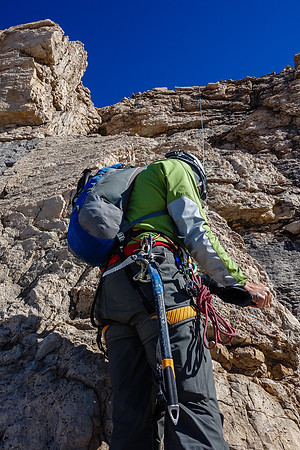 Kev belays Ferenc on a low-5th rock step.