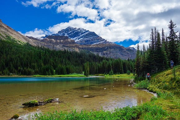 Hiking along the shoreline of the fourth Geraldine Lake with Fryatt looming in the bg.