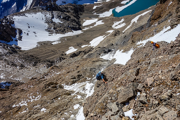 Downclimbing the face as we traverse skier's left to the 9900' col.