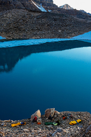 Looking at our bivy from above. I put rocks around mine (left) because of the 40 foot drop to the lake right by it!