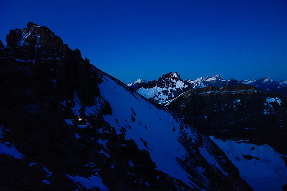 It's still very dark as we make our way up the first scree slope.