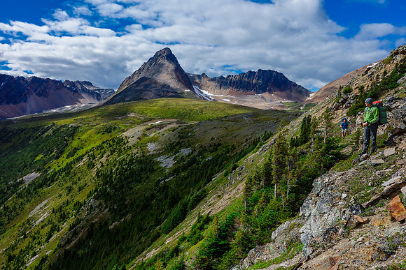 Looking back at the meadows as we start the grinding traverse.