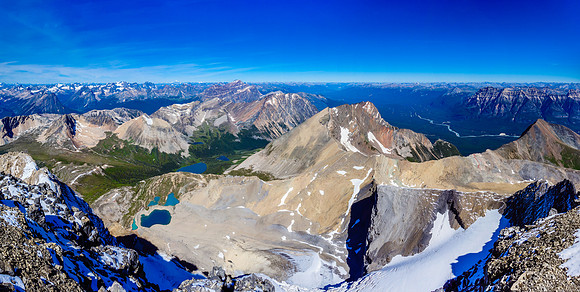 Incredible summit view over the Geraldine Lakes towards Edith Cavell and Geraldine Peak. Kerkeslin on the right.