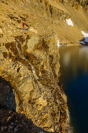 It doesn't get any better than this. Waterfalls run down all along our bivy above the lake, providing us with an endless supply of fresh, cold water.