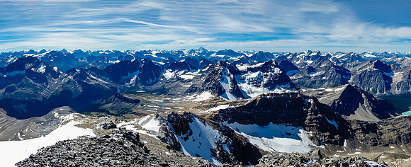 Looking south (L) and west. Catacombs is at distant left with the northern Columbia Icefield peaks visible beyond.