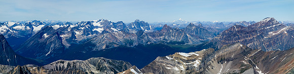 Edith Cavell, Ramparts (Geikie, Paragon and more), Parapet, Simon, Scarp and others. Robson is the snowy giant in the far distance, just right of center.