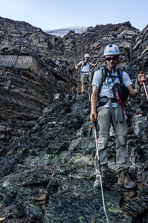 Ben looks impressed with the loose descent gully. :)