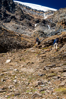Loose and very steep terrain demanded careful attention with 5 of us ascending the gully.