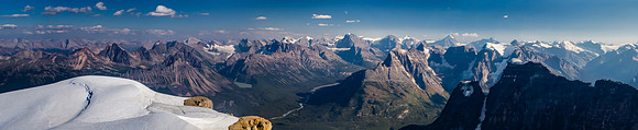Incredible summit panorama from the Endless Chain at left to the Chaba Icefield at right.