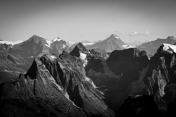 From L to R in the distance, North Twin, South Twin, West Twin, Columbia and King Edward.