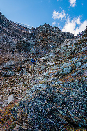 Evening light is fading as we descend.