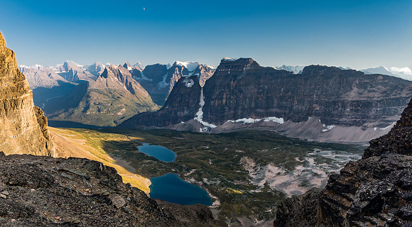 Looking down at the Catacombs Lakes and our bivy with Fortress behind.
