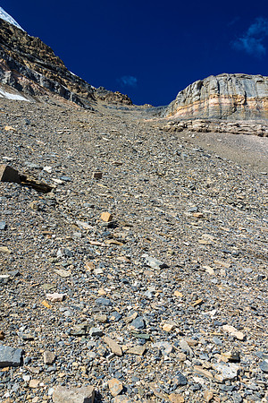 Looking up the scree bowl to the exit gully under the glacier.