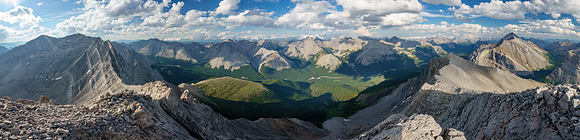 The upper Ghost River from its headwaters at left to Pakakos Peak at right where it turns east.