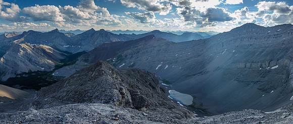Descending the SW ridge of Apparition in evening lighting.