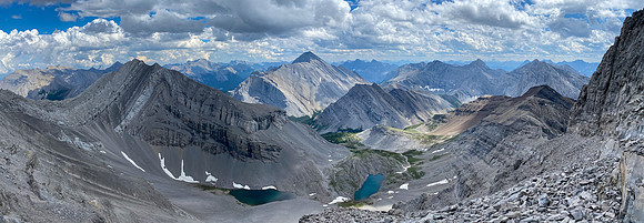 Views back down the scree ledge to Spectral Lakes.