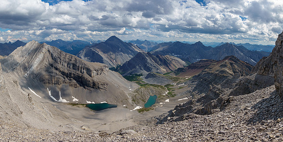 Descending the scree bench over the east face.