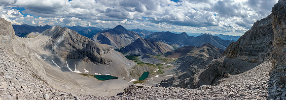 Descending the scree bench over the east face.
