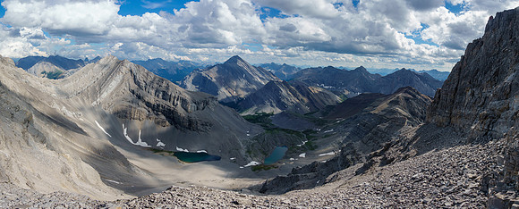 Descending the scree bench over the east face.