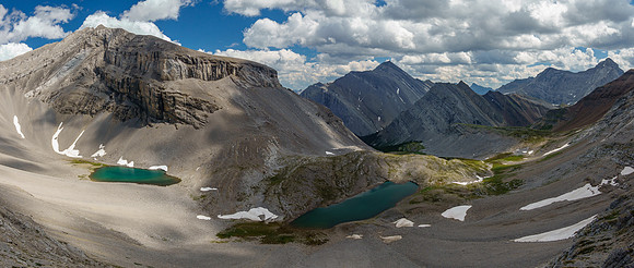 Views back over the Spectral Lakes to Mount Aylmer and Brocks Peak.
