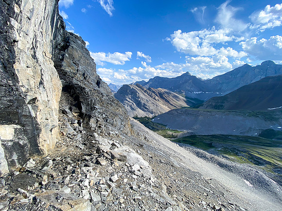 A hidden staircase breaks through the steep western cliff band on Apparition Mountain.