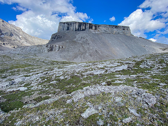 The ascent route to the west cliffs and break from lower Spectral Lake.