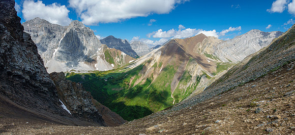 From the Brocks upper col looking down my descent route. Revenant at right.