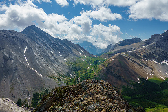 Views back over Aylmer Pass past Mount Aylmer (L).