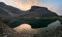 Sunrise over lower Spectral Lake looking towards Apparition Mountain.