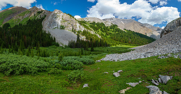 The valley is choked with willows and a stream. I'll ascend steep terrain at center.