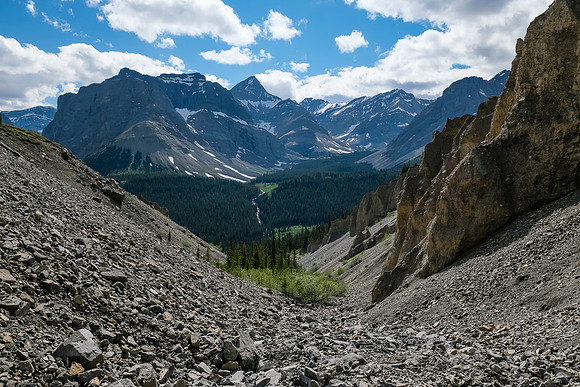 Ascending the west drainage of Boar Station, looking back to our bivy valley and Bleat Peak.
