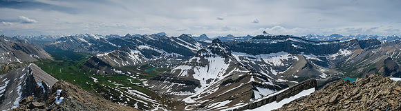 Views over McConnell meadows back to McConnell, Bleat, Snort, Cataract, Deluc, Smoky and others.