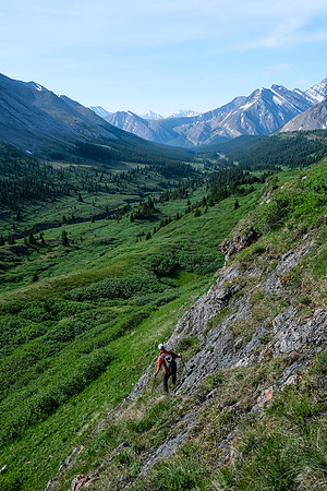 Descending off our traverse bench into the valley below.