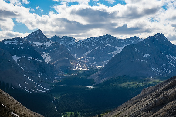 Ascending the west drainage of Boar Station, looking back to our bivy valley and Bleat Peak.
