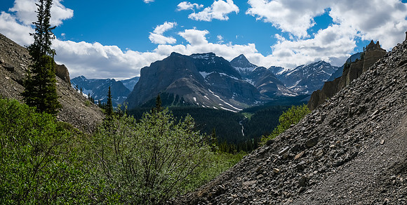 Ascending the west drainage of Boar Station, looking back to our bivy valley and Bleat Peak.