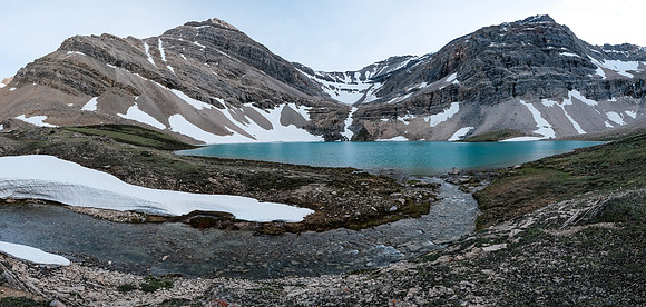 The gorgeous upper tarn in our bivy valley sits below Bleat (L) and Snort (R) peaks.