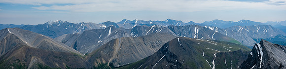 Views over Shale Pass to "HH19", Tomahawk, Wapiti , Chirp, Barrier, Gable and Tyrell (R).