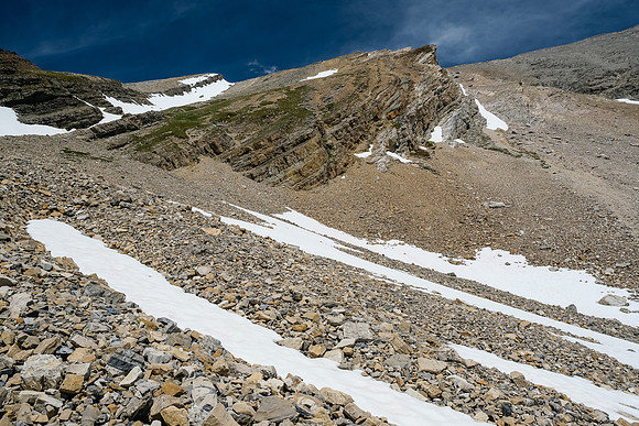 Ascending the lower ramp on Howl Peak.