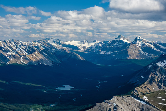 Distant views over Douglas Lake to the Bonnet Icefield and St. Bride and Mount Douglas (R).