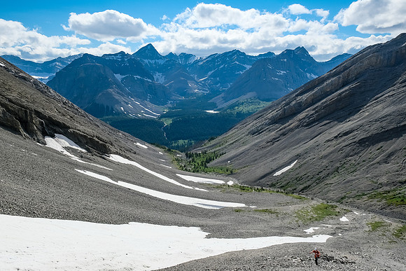 Ascending the west drainage of Boar Station, looking back to our bivy valley and Bleat Peak.