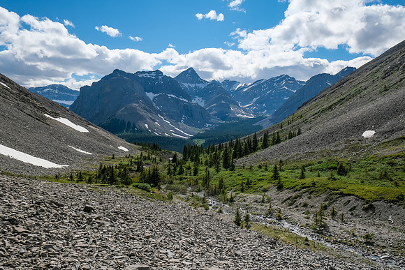 Ascending the west drainage of Boar Station, looking back to our bivy valley and Bleat Peak.
