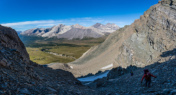 Mike and Cornelius follow me up the steep, loose, rubble-filled north slopes to the Quartzite Col.
