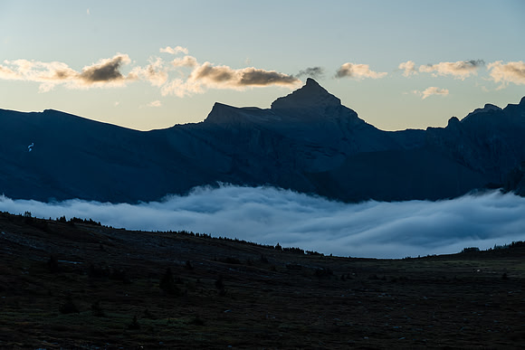 Clouds over Clearwater Pass, looking towards Dip Slope Mountain.