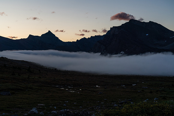 Clouds over Clearwater Pass, looking towards Dip Slope Mountain.