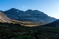 Starting our exit over Clearwater Pass, looking back at Willingdon (L), Crown and South Tower (R).