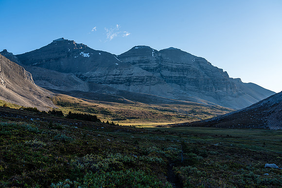 Starting our exit over Clearwater Pass, looking back at Willingdon (L), Crown and South Tower (R).