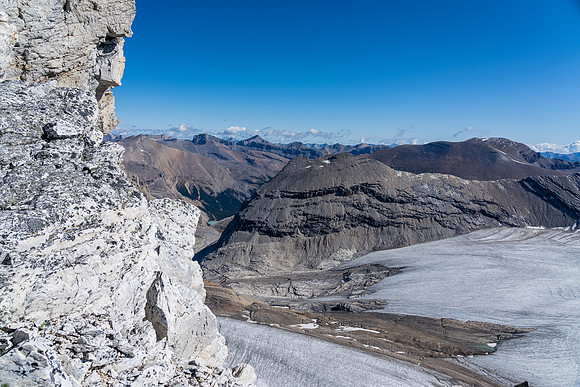Views off the summit ridge east over the Willingdon Glacier towards Icefall (L) and Harris (R).