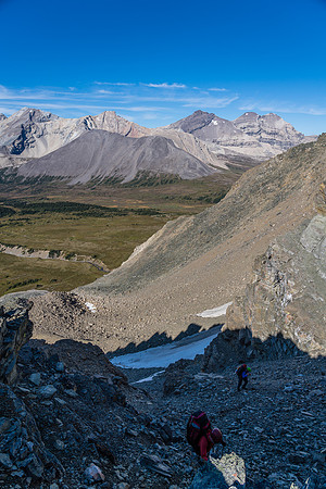 Mike and Cornelius follow me up the steep, loose, rubble-filled north slopes to the Quartzite Col.