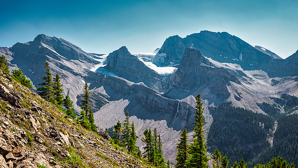 Glaciers and waterfalls on the north end of the Drummond Icefield.